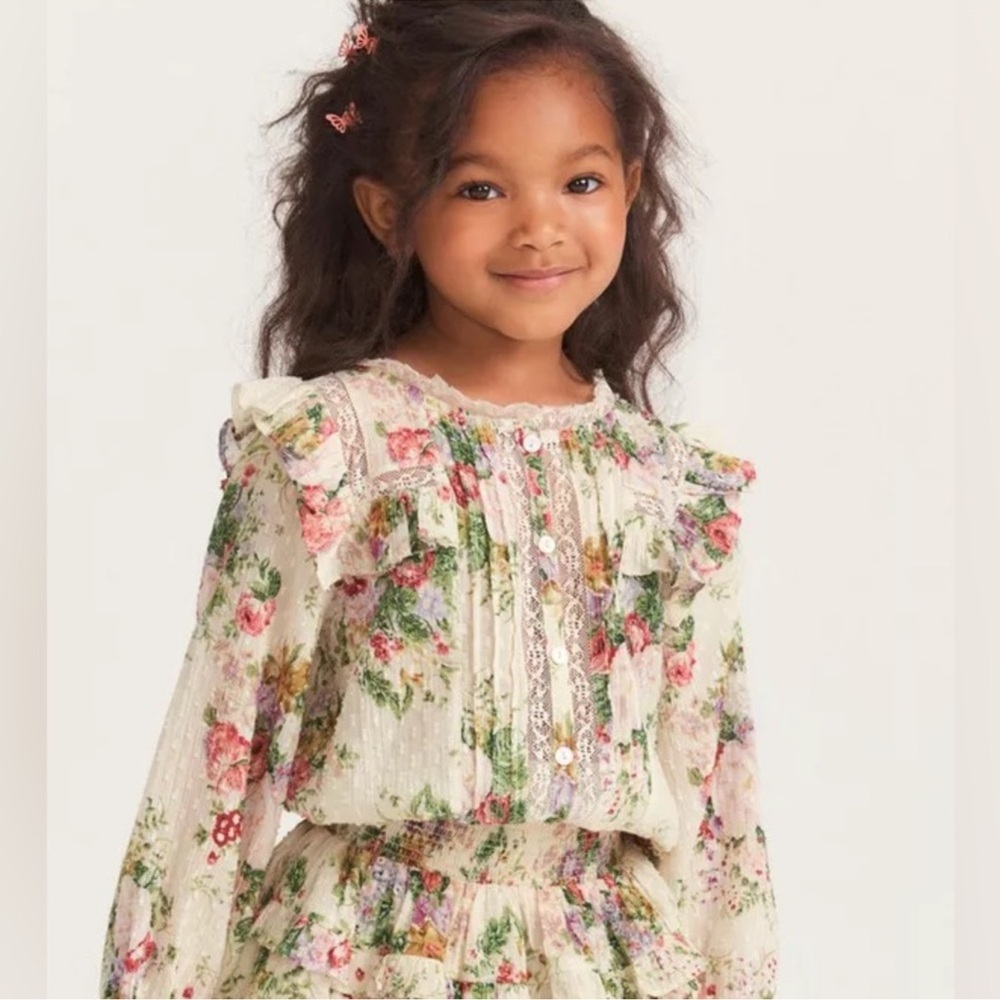 LoveShackFancy Floral Button Down Shirt - Cream and Green